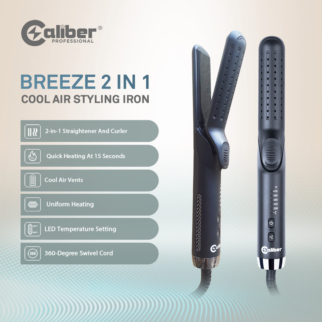 Caliber Pro Cool Breeze 2 in 1 Flat Iron Air Flow Hair Styling Professional Grade Hair Curling Tools with 15 seconds Heat Up Metal Plate Long